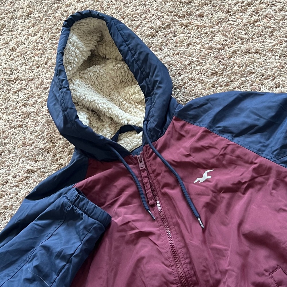 Hollister All-Weather Jacket Mens Small Sherpa Lined Hooded Windbreaker Burgundy